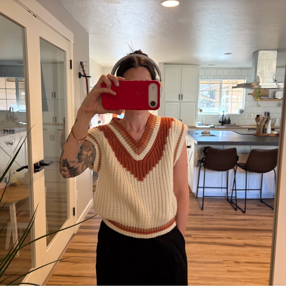 White, Brown and Orange Knit Sleeveless Sweater